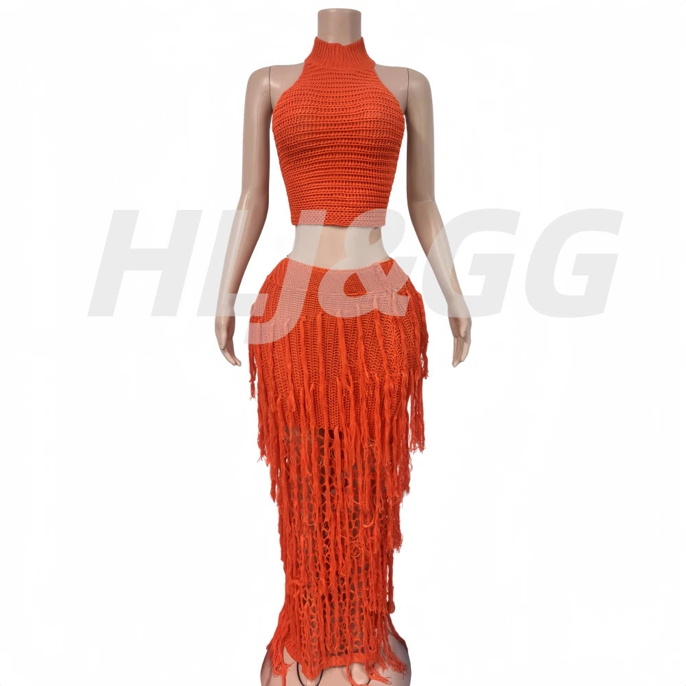 Ensemble 2 Pièces Femme – Top Crop Halter & Jupe Longue à Franges | Plage Été 2026