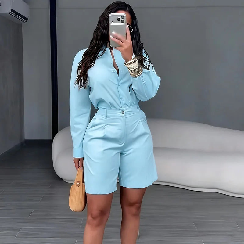 Ensemble 2 Pièces Femme – Chemise Manches Longues & Short Assorti | Style Casual Élégant | Doyerl