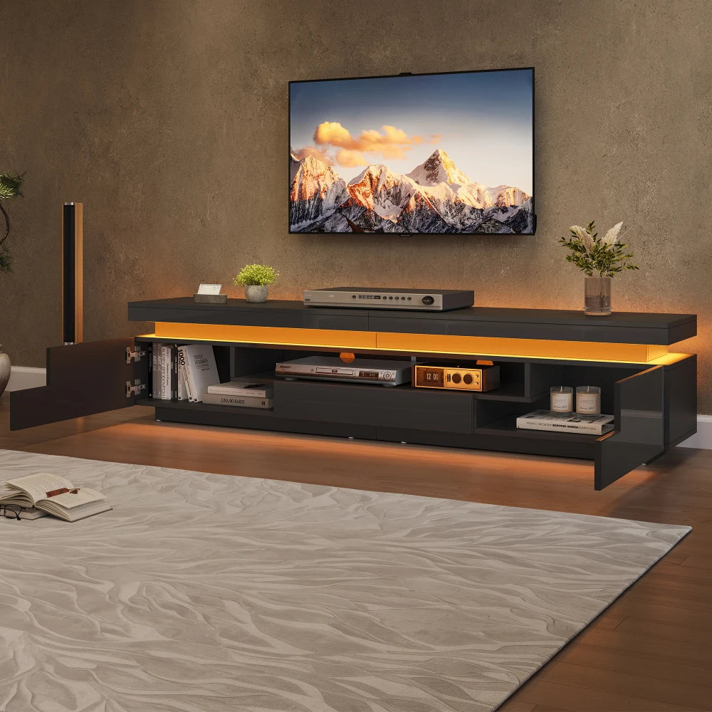 Meuble TV Haute Brillance LED 175x38x45 cm – 2 Armoires + 1 Tiroir | TV 75" | Noir ou Blanc | Salon
