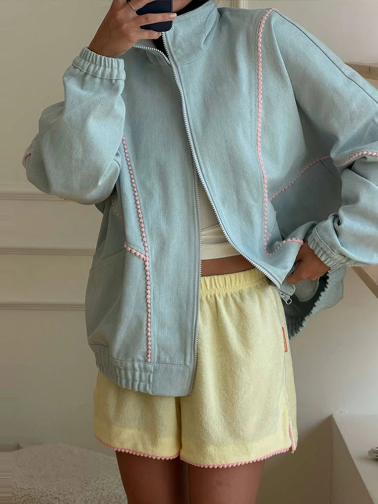 Stand Collar Zip Up Denim Bomber Jacket Elastic Cuff Long Sleeve 2026 Summer Women Outerwear Versatile Fashion Lady Chaqueta
