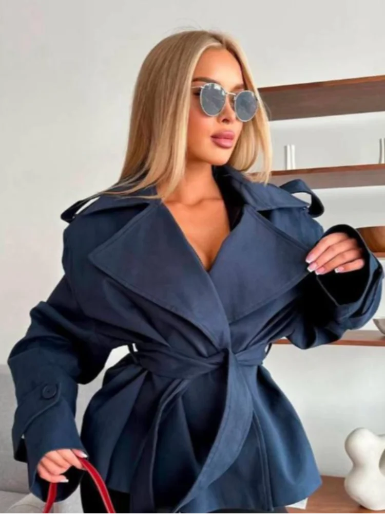 Solid Lace Up Short Windbreaker Women Elegant Full Sleeve Button Loose Chic Trench Coat New Office Lady Daily Commute Outwear