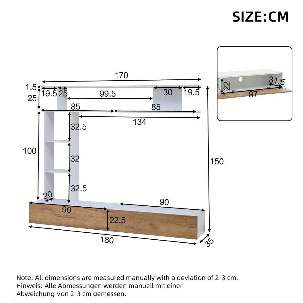 Ensemble Mural TV 3 Pièces 180x35x22,5 cm – Meuble TV + Étagère Verticale + Étagère Horizontale | Blanc & Chêne