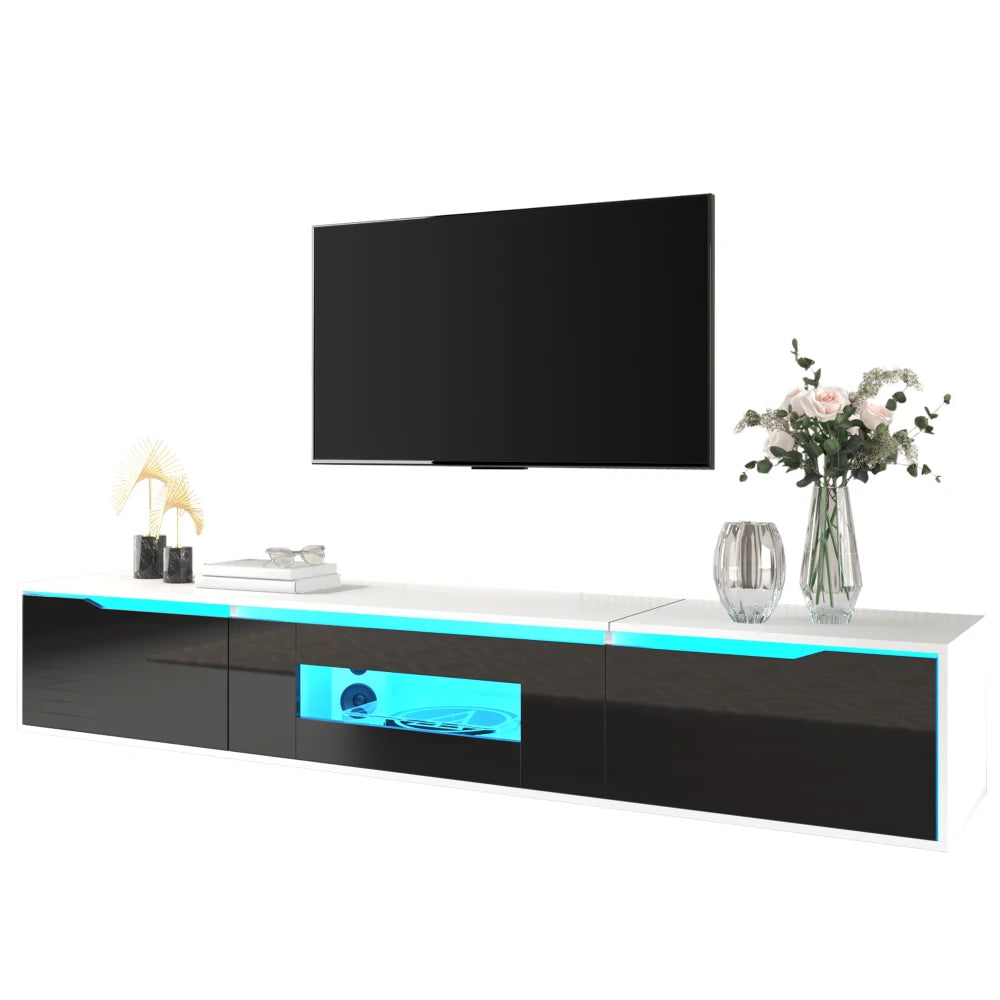 Meuble TV Haute Brillance 180x35x30 cm – LED 16 Couleurs USB | Mural ou Sol | Noir & Blanc | 60 kg
