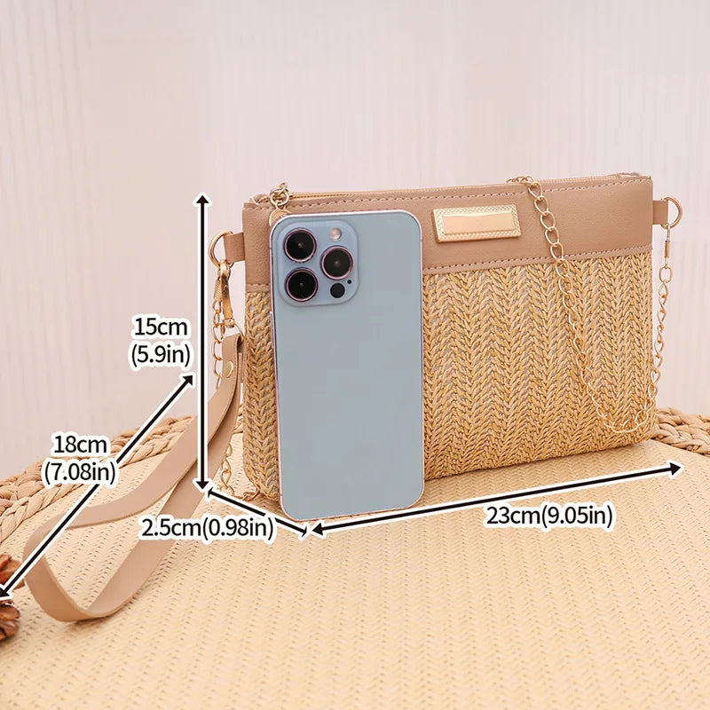 Chain Strap Women's Crossbody Bags For Travel/Vacation, Summer Straw Shoulder Bag With Wrist Strap, Ladies Handbags And Purses