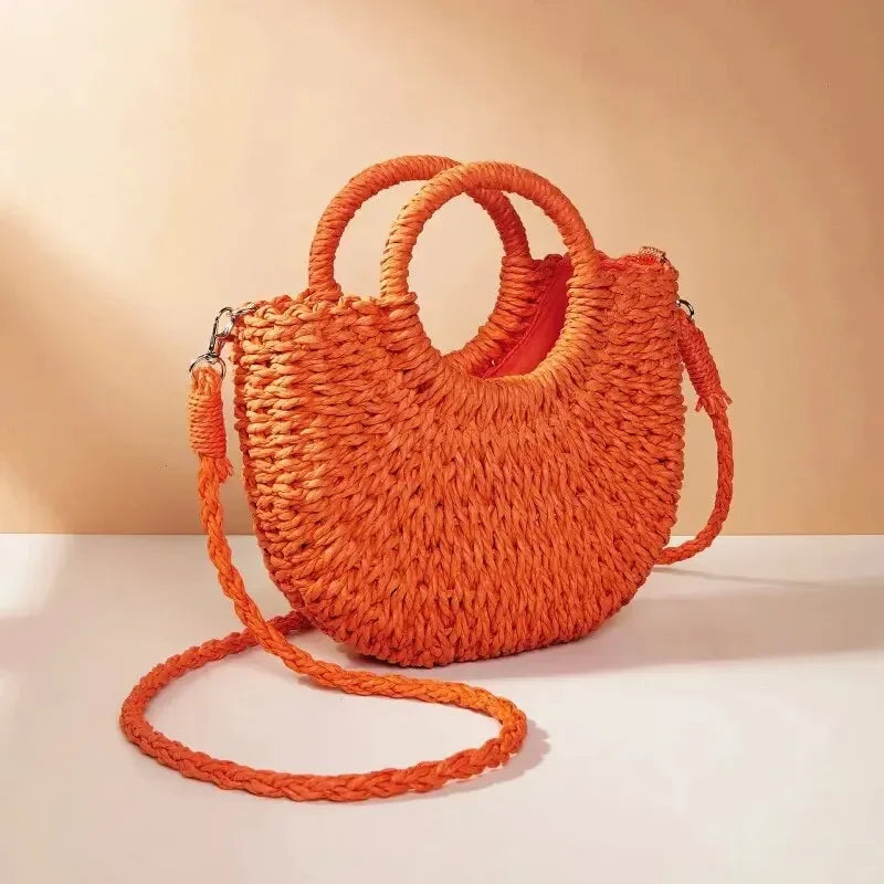 Sac de Plage en Paille Tressée Demi-Lune – Grande Capacité, Bandoulière & Épaule