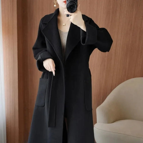 100% Wool Coat Women's Wear 2026 Autumn/Winter Fashion Temperament Double sided Cashmere Coats with Belt Elegant Long Overcoat