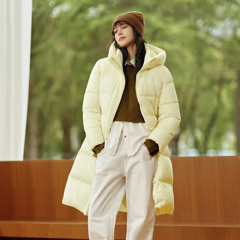 Doudoune Longue Femme Imperméable à Capuche – Duvet de Canard 90%, Coupe Ample, Hiver 2025