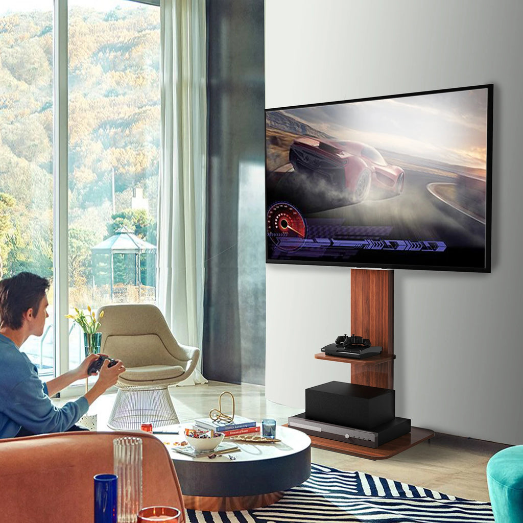 Support TV Sol Universel Unho – Hauteur Réglable | TV 32-65" | VESA 400x600 | Métal + Bois | 40 kg