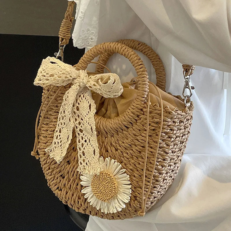 Sac de Plage Femme Yogodlns – Paille Rotin Tressé Main Demi-Lune, Nœud & Ruban, Style Bohème, 2 Coloris