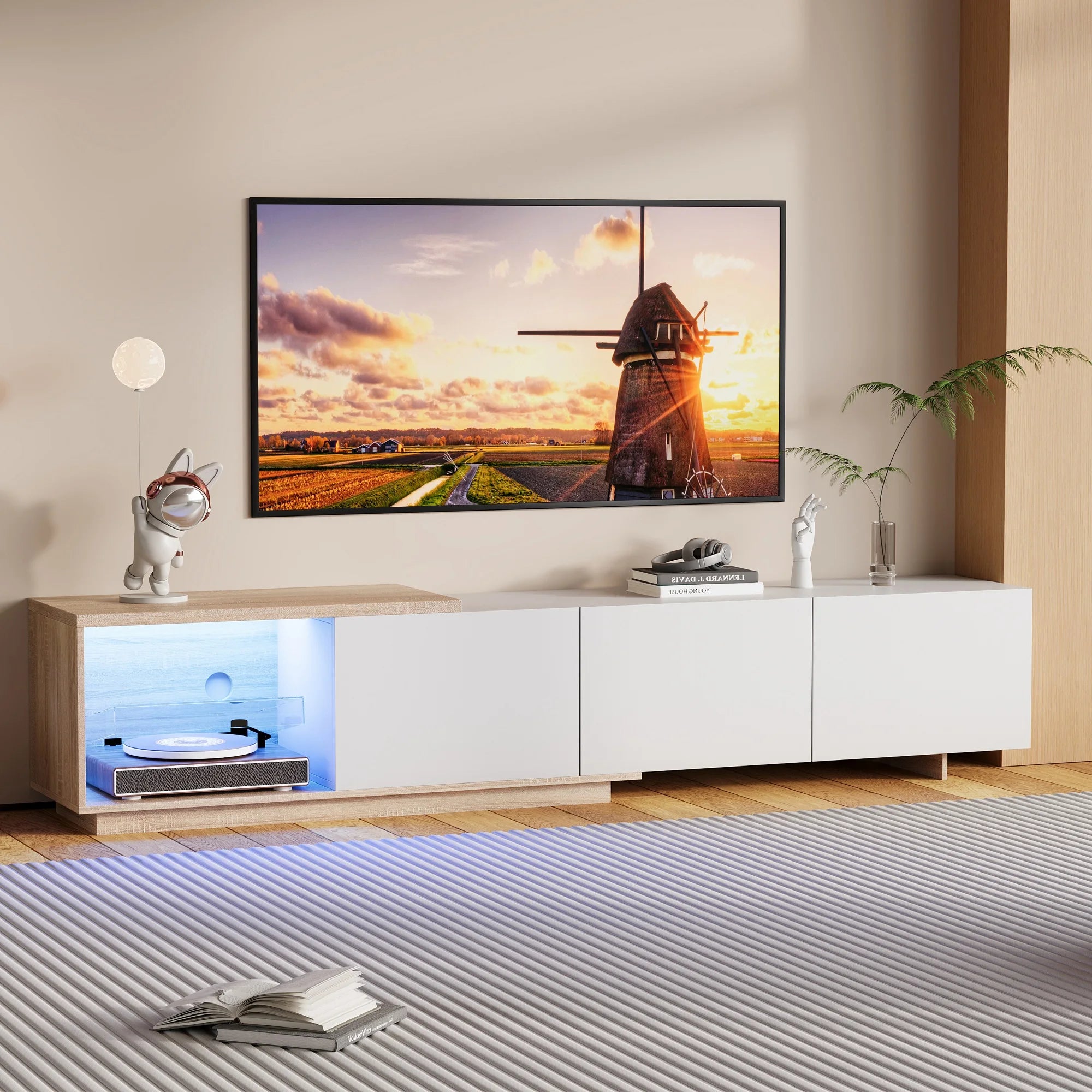 Meuble TV Simurq 240x38x44 cm – 3 Portes | Étagères Verre | 75 kg | Style Scandinave | Blanc ou Noir