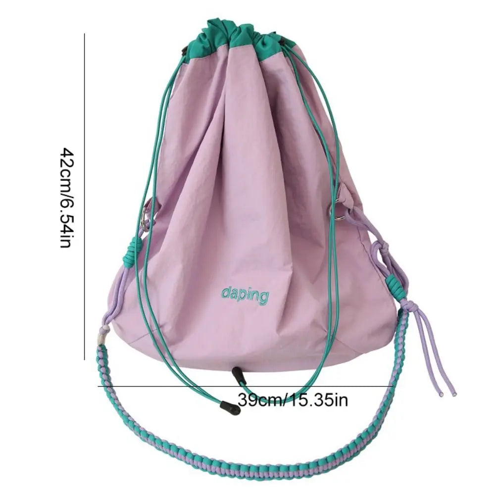 Leisure Lightweight Shoulder Bag Letter Contrast Color Crossbody Bag Large Capacity Nylon Drawstring Bag Girls
