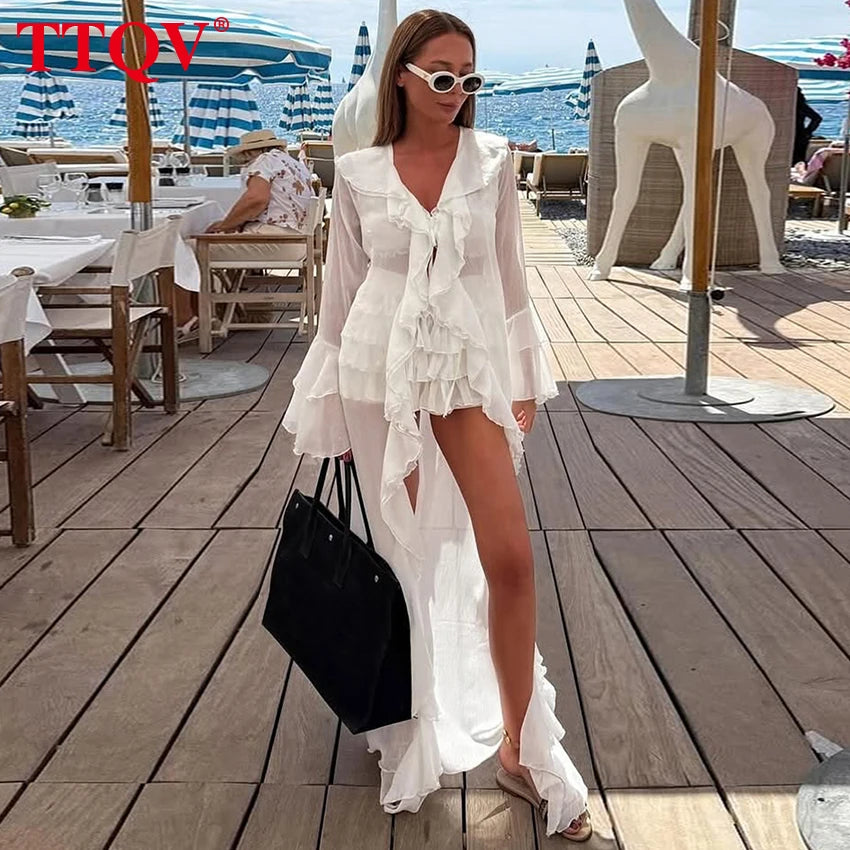 TTQV  Sexy Loose White Women's 3 Pieces Set 2025 Fashion Long Sleeve Robes + Bra With High Waist Pleated Mini Skirt Set Female