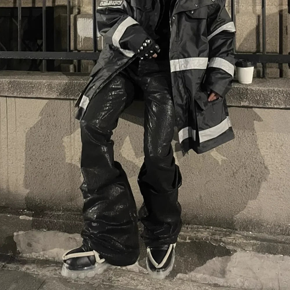 Jean Flare Wax Effet Cuir Noir Homme Y2K Streetwear Baggy Oversized Tailles M-XXL Asia