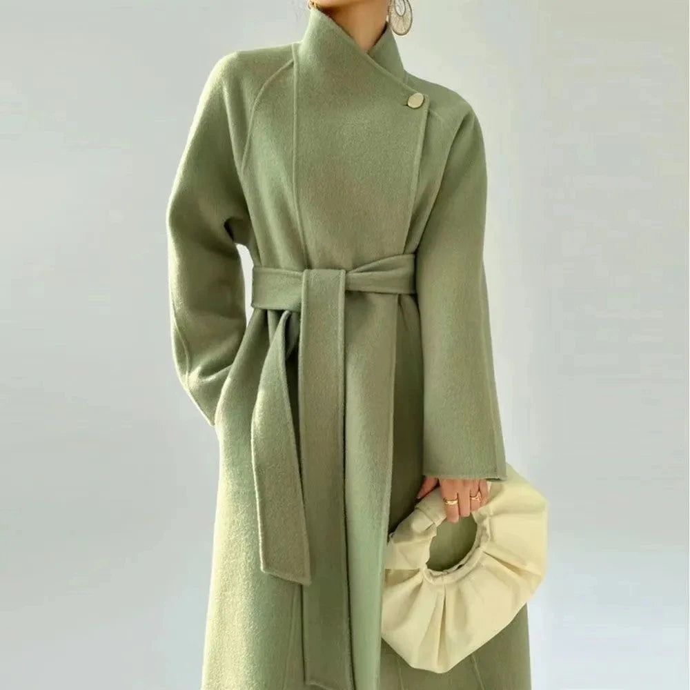 Manteau long en laine à col officier pour femme – Ceinture à nouer