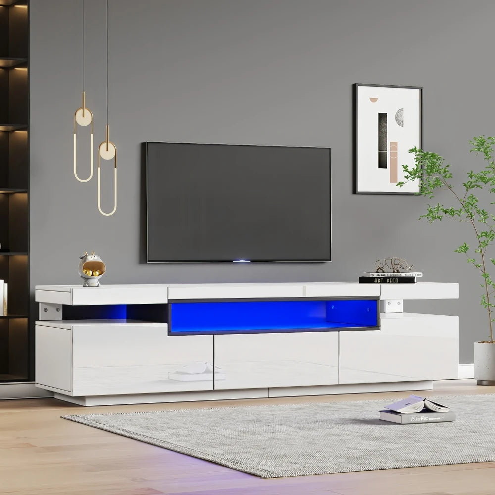 Meuble TV Haute Brillance 160x39x42 cm – Éclairage LED 16 Couleurs | 3 Tiroirs | Pour TV 70"
