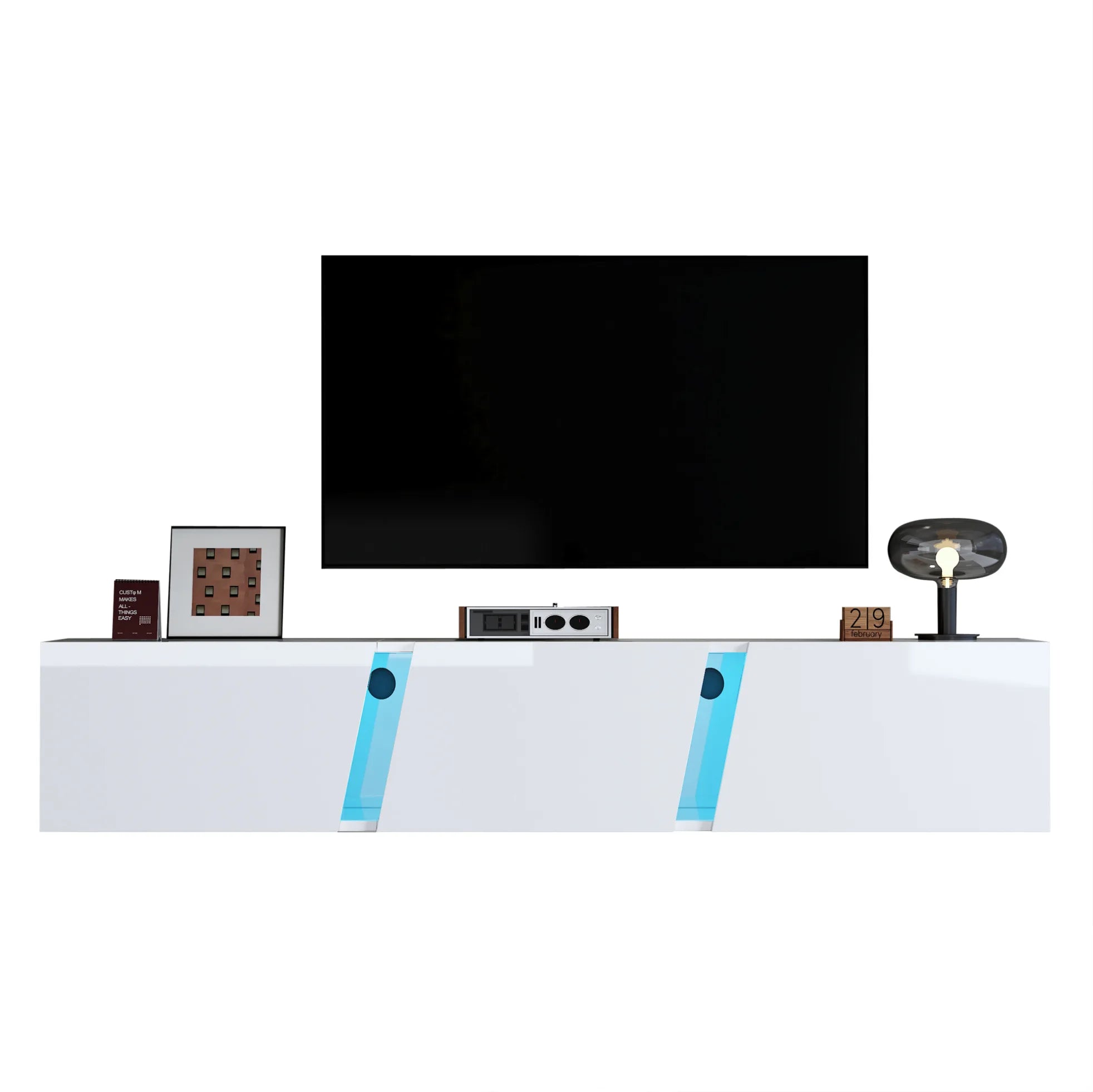 Meuble TV Mural 180x35x30 cm Blanc Haute Brillance – LED App | 3 Portes Soft-Close | Acrylique | TV 75"