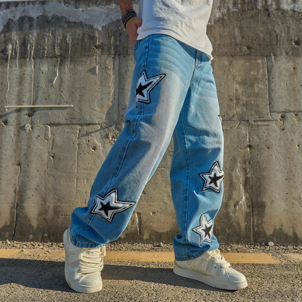 Jean Droit Loose Homme Casual Tendance Denim Stretch Gris & Bleu Washed | XS-XXL