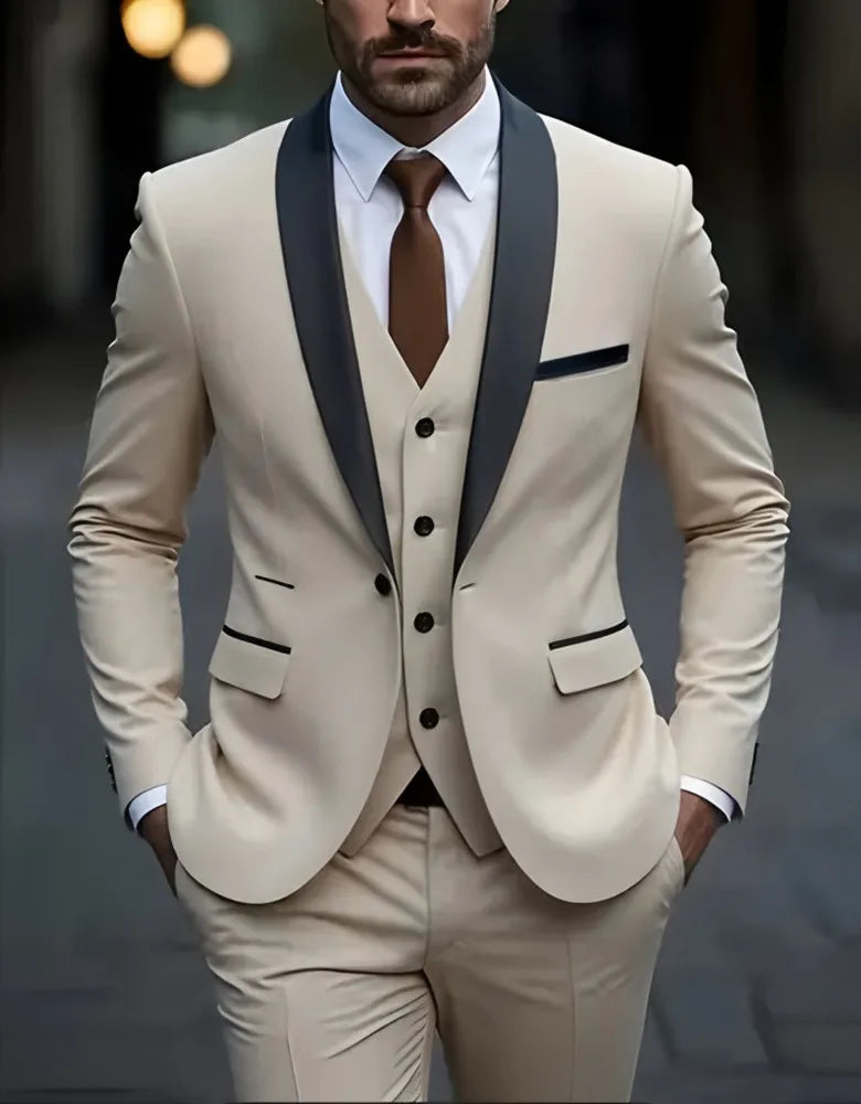 Men's Formal Suit Set Business Casual Slim Fit Tuxedo for Wedding, Long Sleeve Notch Lapel, Groom