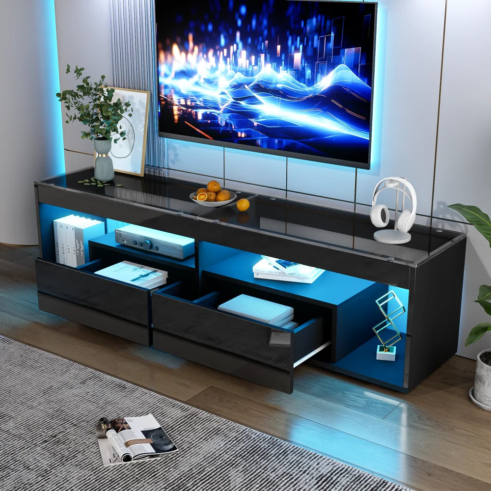 Meuble TV LED Haute Brillance 180x40x46 cm – Verre Trempé | 2 Tiroirs | TV 70" | Blanc ou Noir