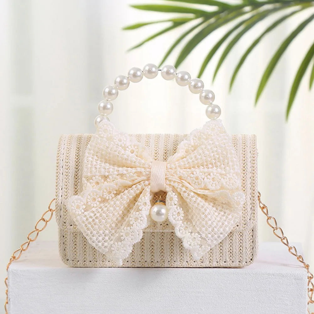Summer Simple Straw Bag Pearl Bowknot Messenger Bag Fashion Holiday Crossbody Bag Women