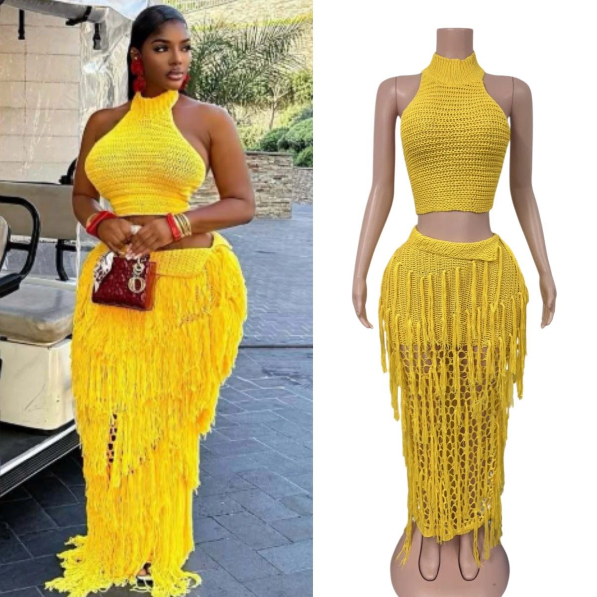 Ensemble 2 Pièces Femme – Top Crop Halter & Jupe Longue à Franges | Plage Été 2026