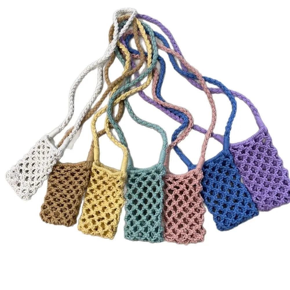 Fashion Portable Crossbody Phone Bag Hollow-out Woven Solid Color Shoulder Bags Crochet Lightweight Phone Purse Gifts