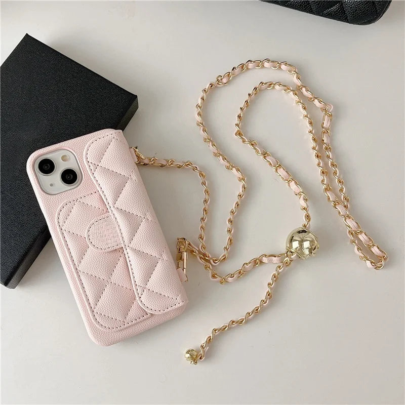 Coque iPhone Cuir PU Texture Litchi – Portefeuille, Bandoulière & Porte-Carte