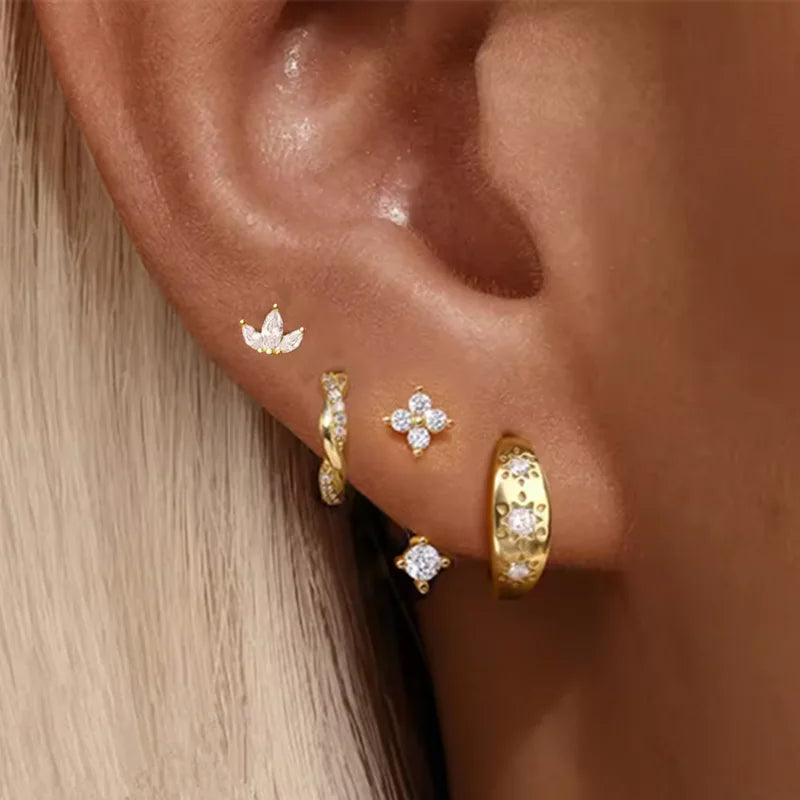Lot de 4 Boucles d'Oreilles Créoles Zirconia – Étoile & Fleur, Acier Inoxydable, Femme