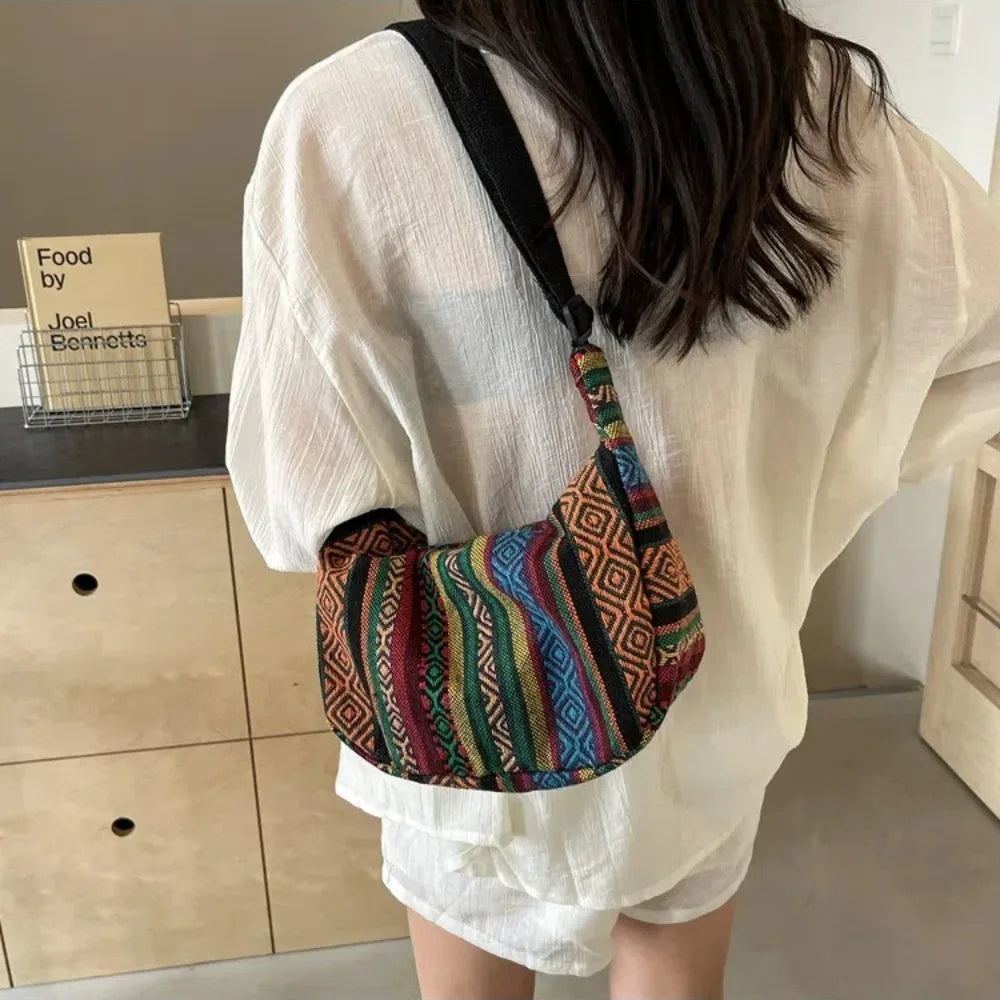 Fashion Tribal Style Shoulder Bag Striped Pattern Large Capacity Crossbody Bag Canvas Zipper Closure Messenger bag Ladies