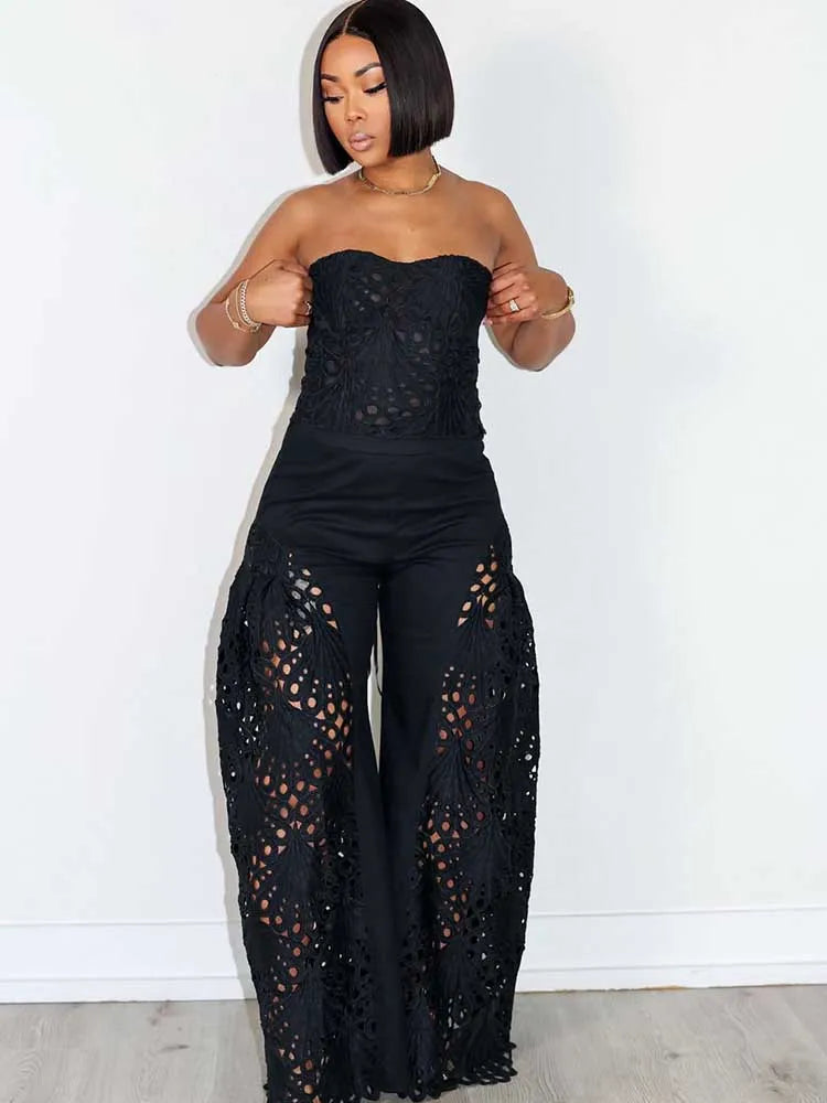 Ensemble Deux Pièces Femme – Top Bustier Dentelle Col V & Pantalon Large Été