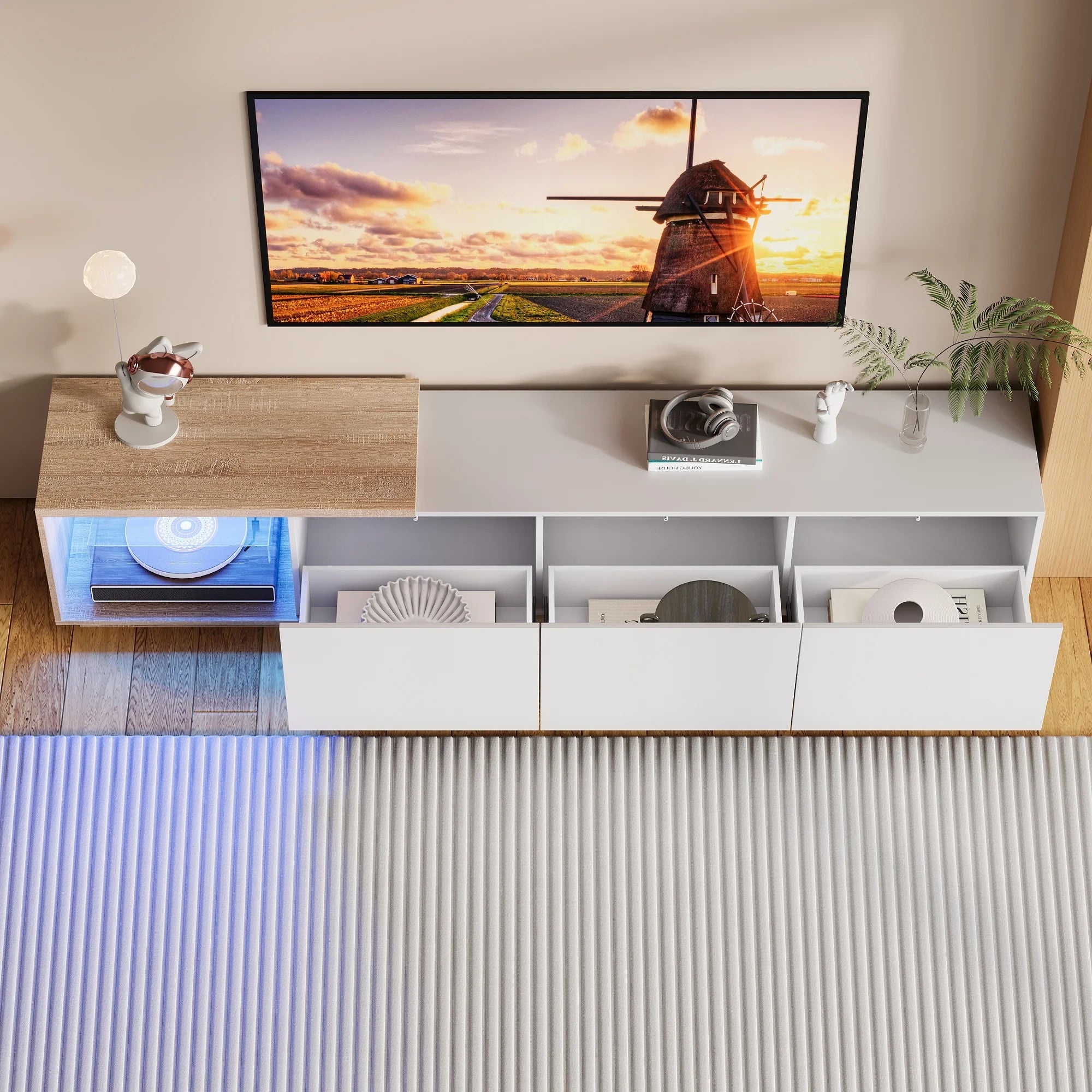 Meuble TV Simurq 240x38x44 cm – 3 Portes | Étagères Verre | 75 kg | Style Scandinave | Blanc ou Noir