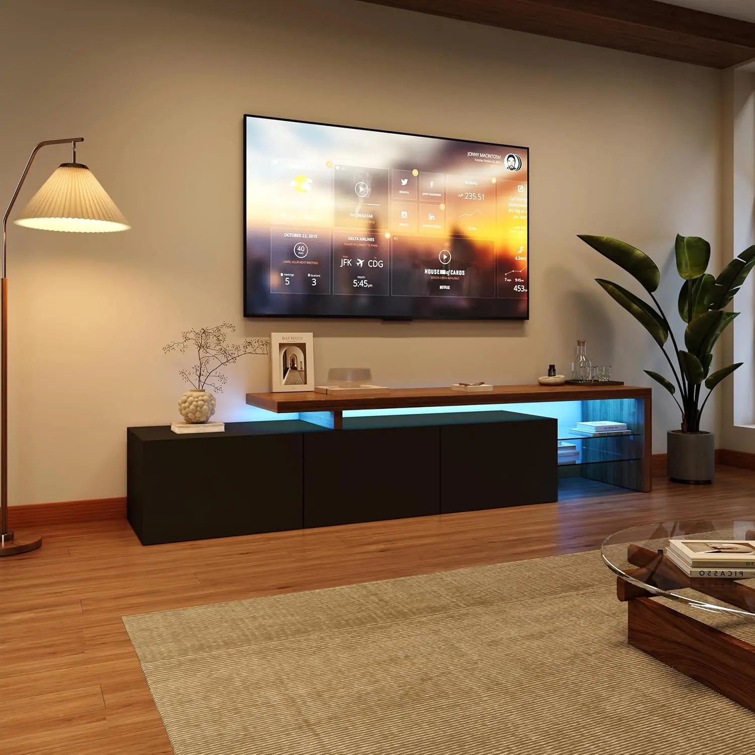 Meuble TV Simurq 240x38x44 cm – 3 Portes | Étagères Verre | 75 kg | Style Scandinave | Blanc ou Noir