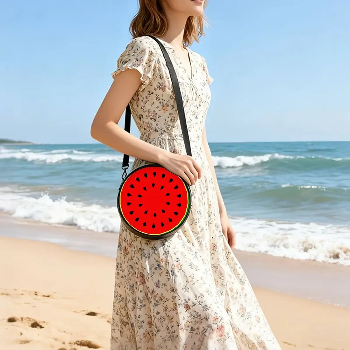 Watermelon Cherry Round Shoulder Bag Fruit Messenger Bag Daily Adjustable Strap Crossbody Bag for Woman Best Gifts 2D Flat