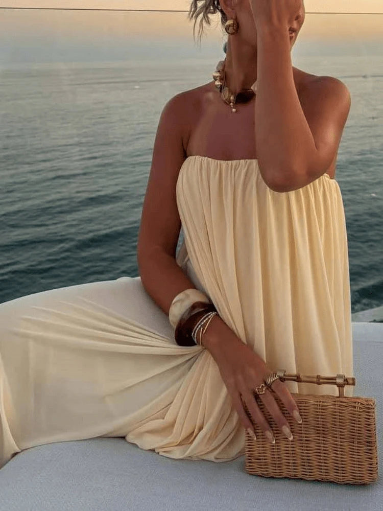 CHNMR Robe Maxi Plissée Sans Bretelles Femme – Dos Nu, Fluide, Plage & Soirée | Été 2026