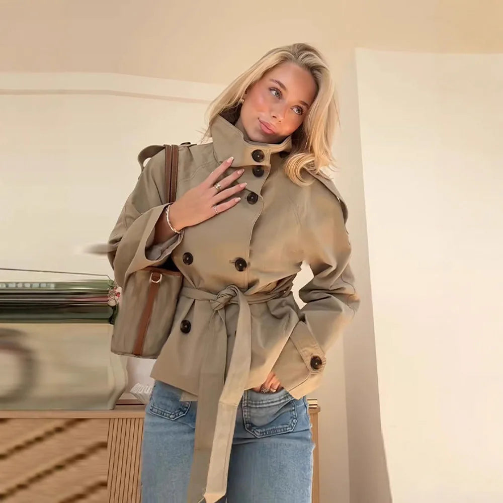 New Women's Solid Color Trench Coat Stand Collar Double Breasted Waist Tie Elegant Commuter Casual Loose Comfortable Warm Outfit