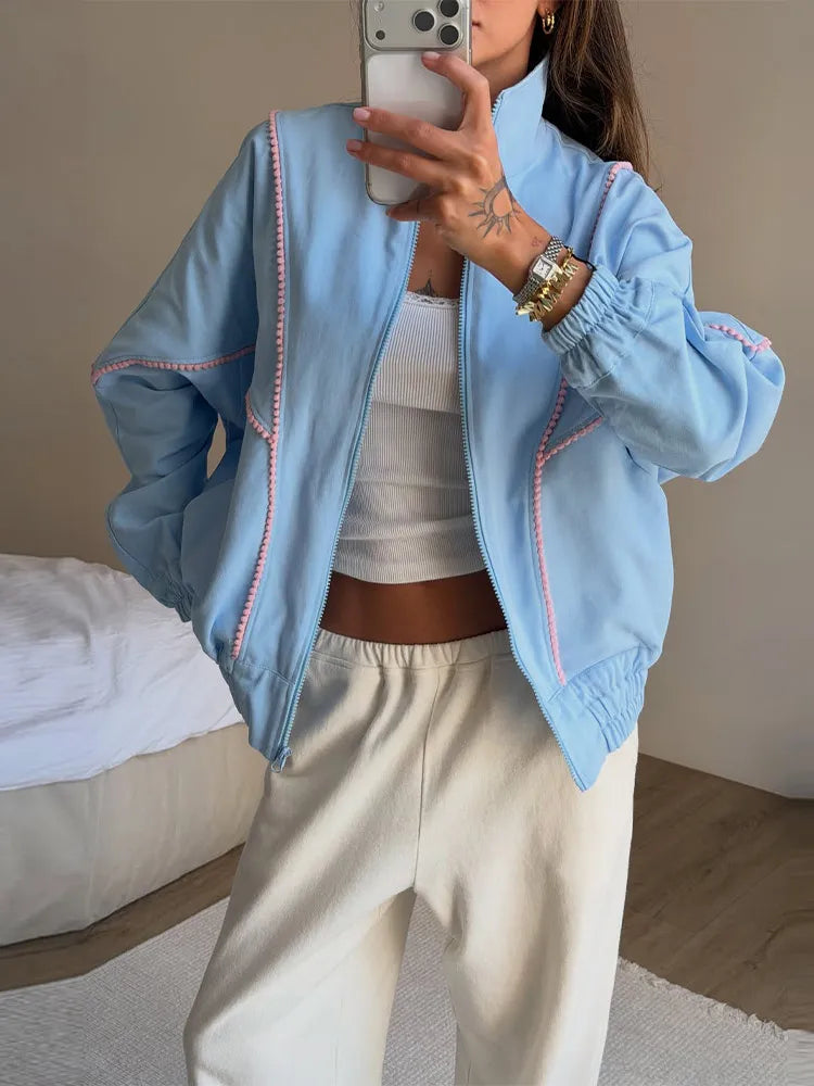 Stand Collar Zip Up Denim Bomber Jacket Elastic Cuff Long Sleeve 2026 Summer Women Outerwear Versatile Fashion Lady Chaqueta