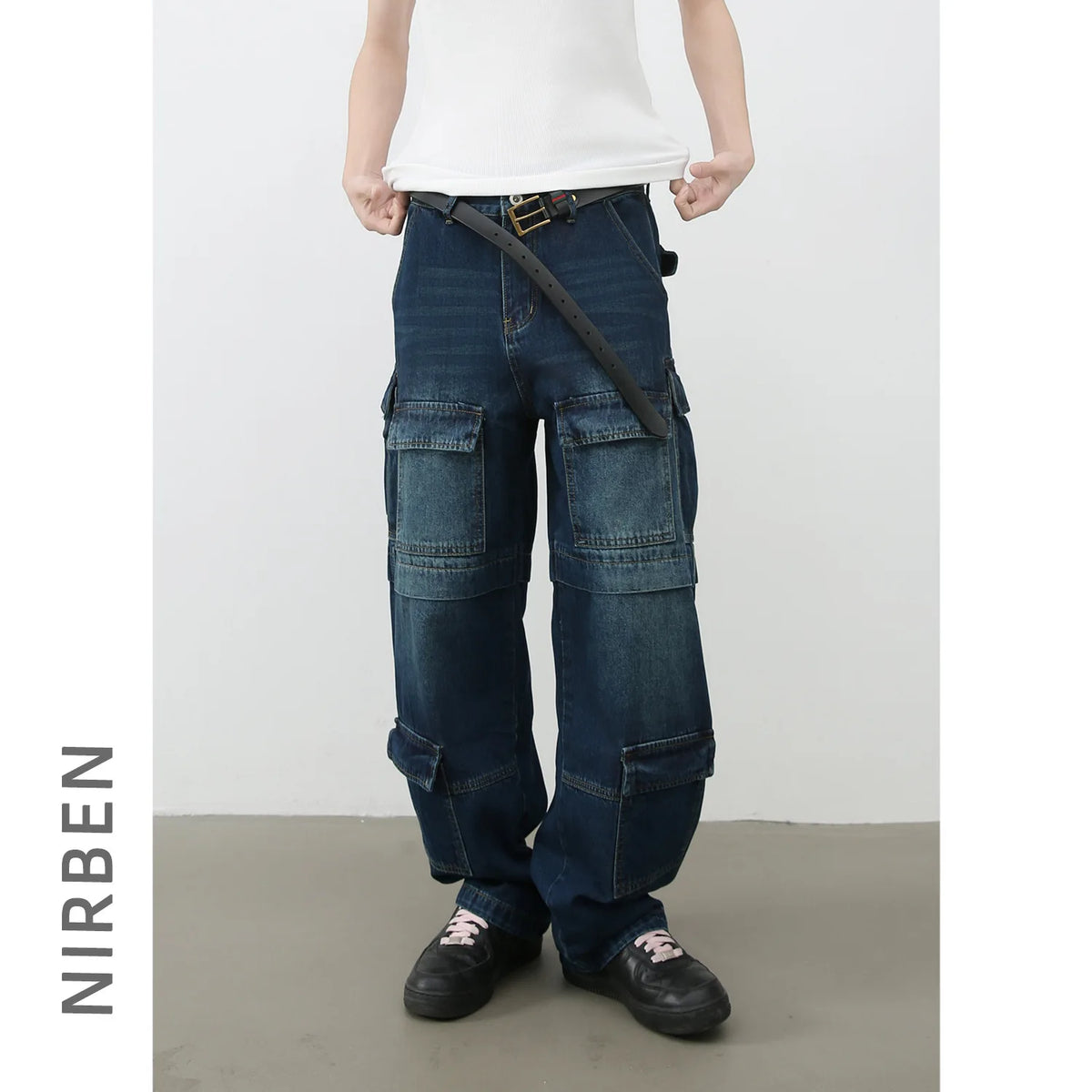 Jean Droit Homme Style Américain – Denim Lavé Multi-Poches Coupe Loose | Bleu