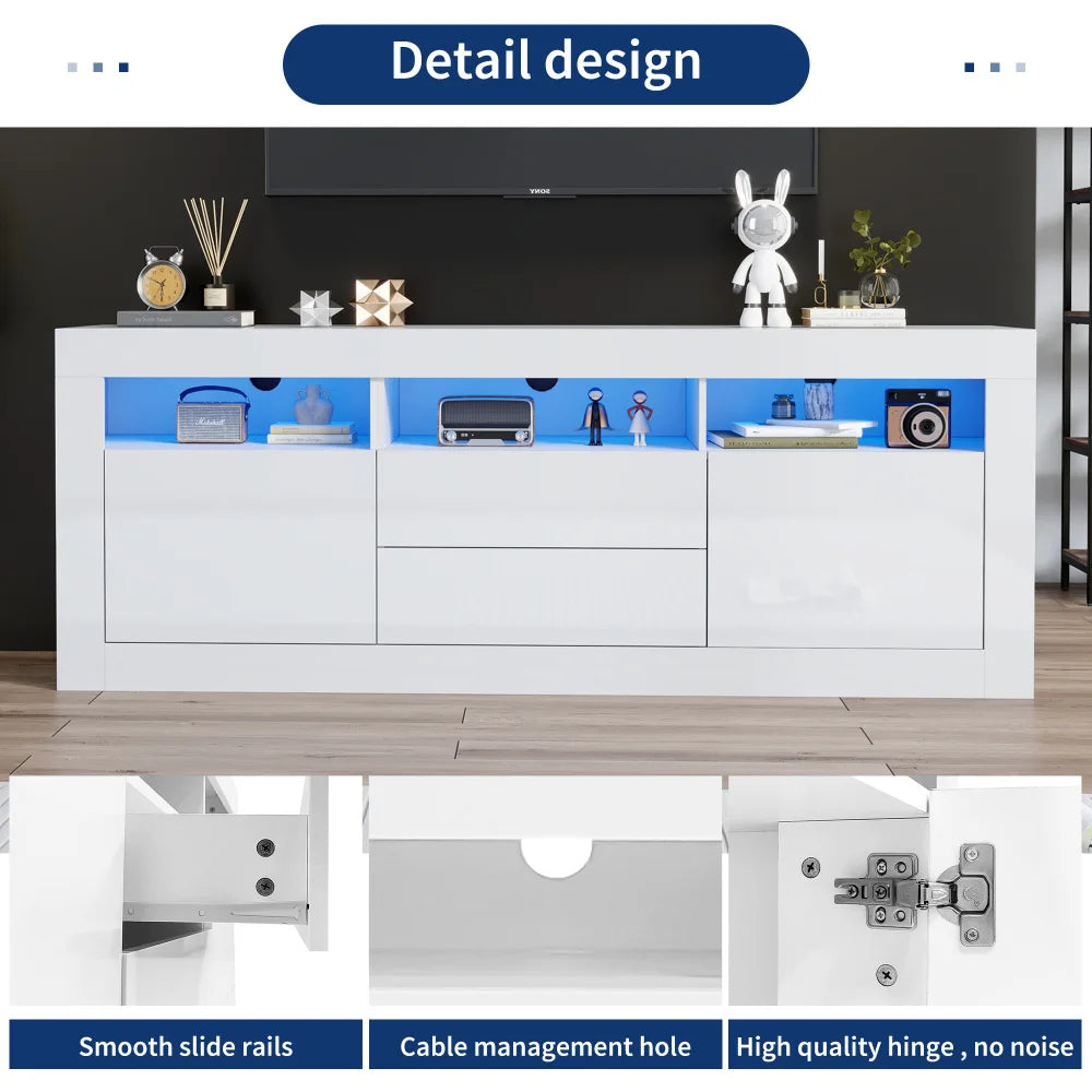 Meuble TV Haute Brillance LED 160x35x60 cm – 3 Niches | 2 Portes | 2 Tiroirs | TV 70" | App Bluetooth