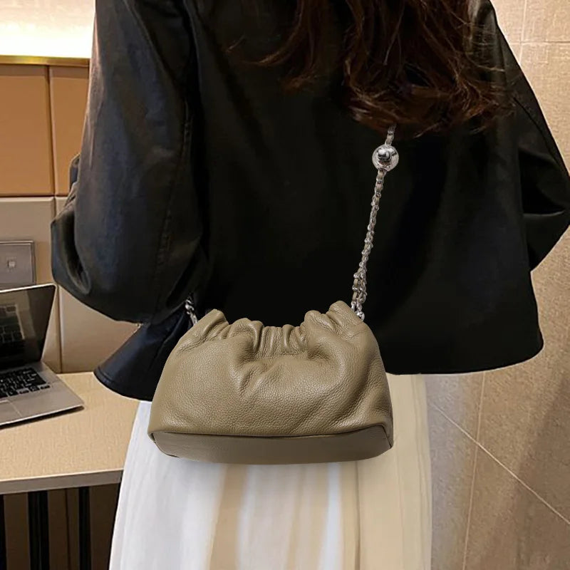 Lightweight Litchi Texture Genuine Cow Leather Cloud Bag Women Drawstring Ruched Design Metal Chain Crossbody Mini Purse