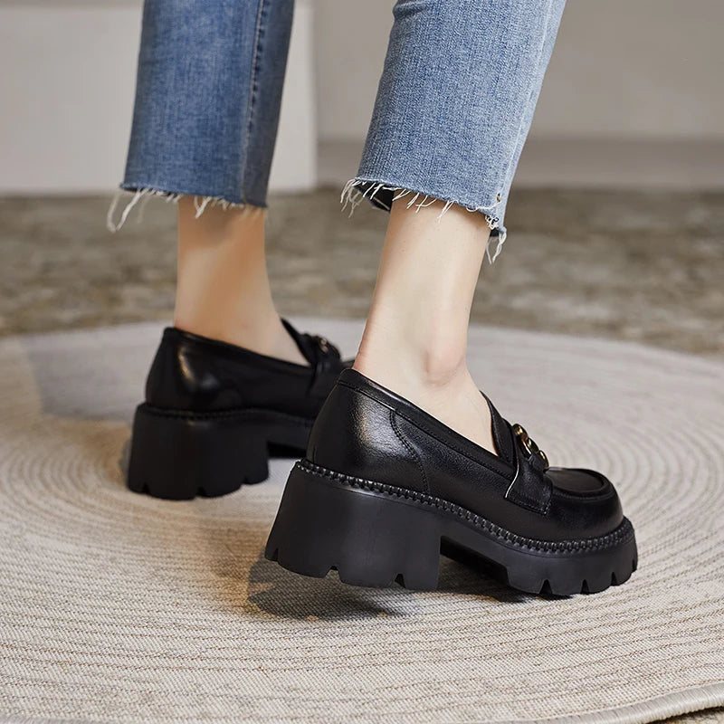 Escarpins Mocassins Femme Talon Carré Épais – Cuir Véritable, Bout Rond, Printemps/Automne