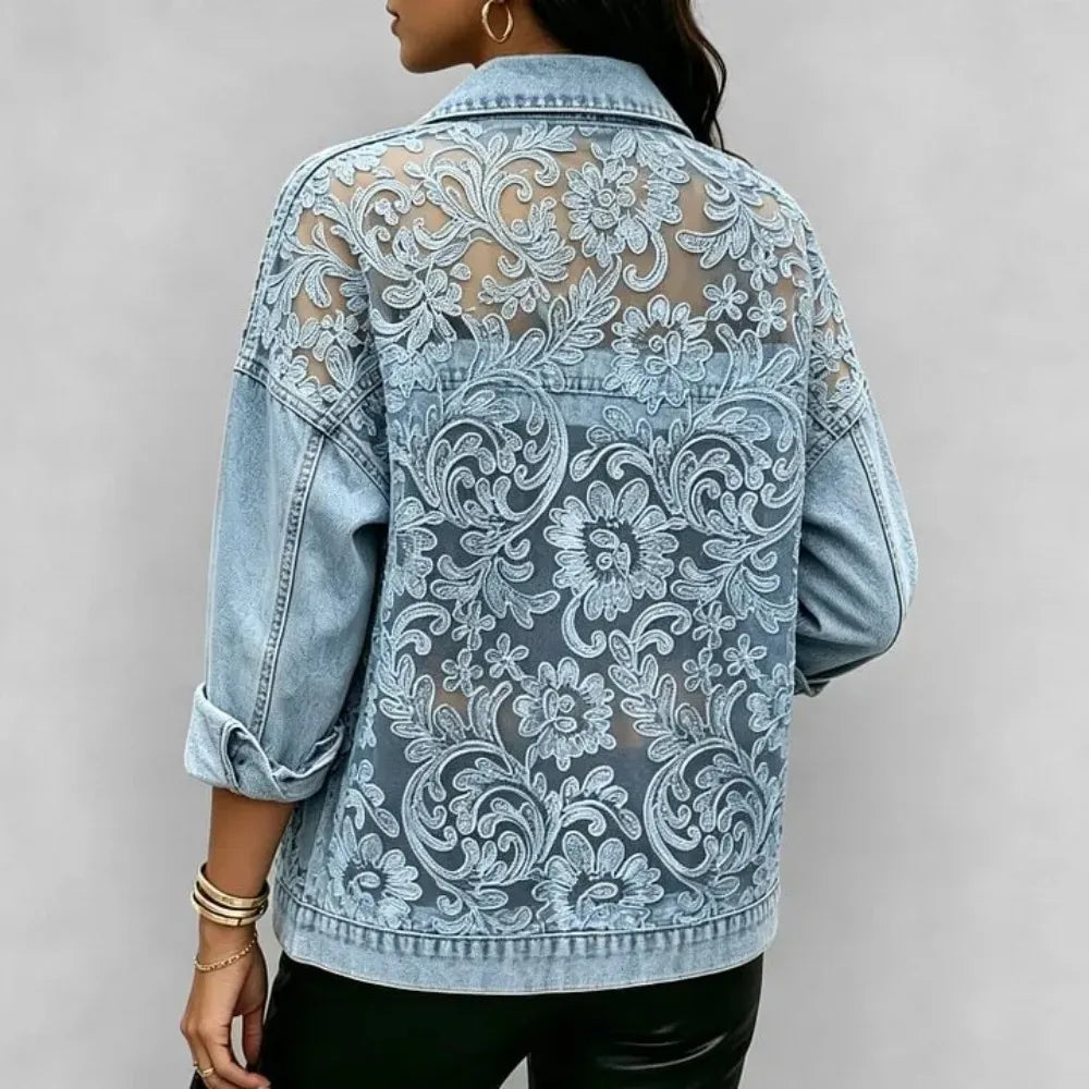 Veste en Jean Dentelle Transparente Femme – Loose | Bouton | Manches Longues | Streetwear | Bleu | S-XXXL