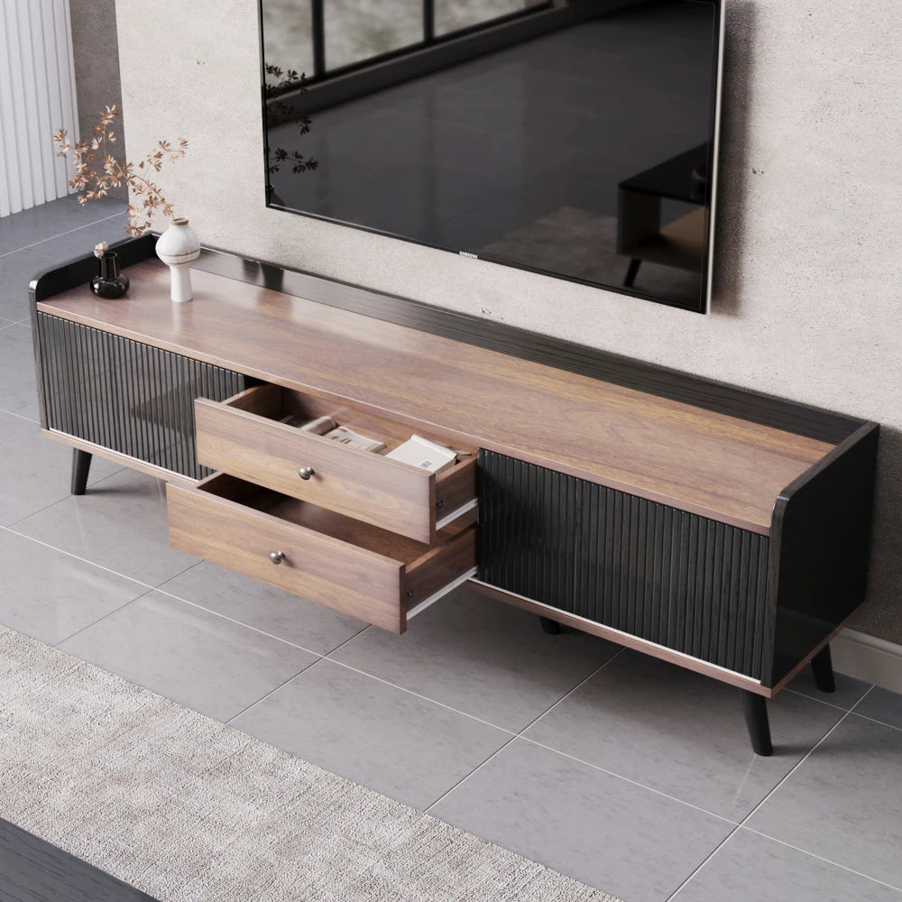 Console TV Bicolore 160x40x58 cm – Noir & Bois | 2 Tiroirs | Portes Coulissantes | Style Scandinave | Salon