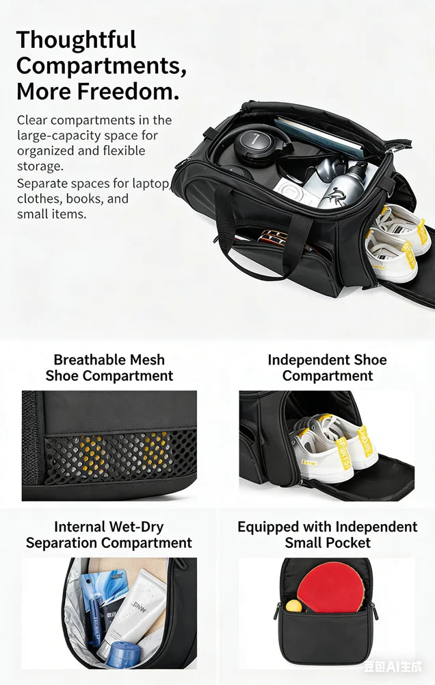 Table Tennis Bag with Large Capacity, Independent Shoe Compartment, Dry and Wet Separation Sports Training Crossbody Travel Bag