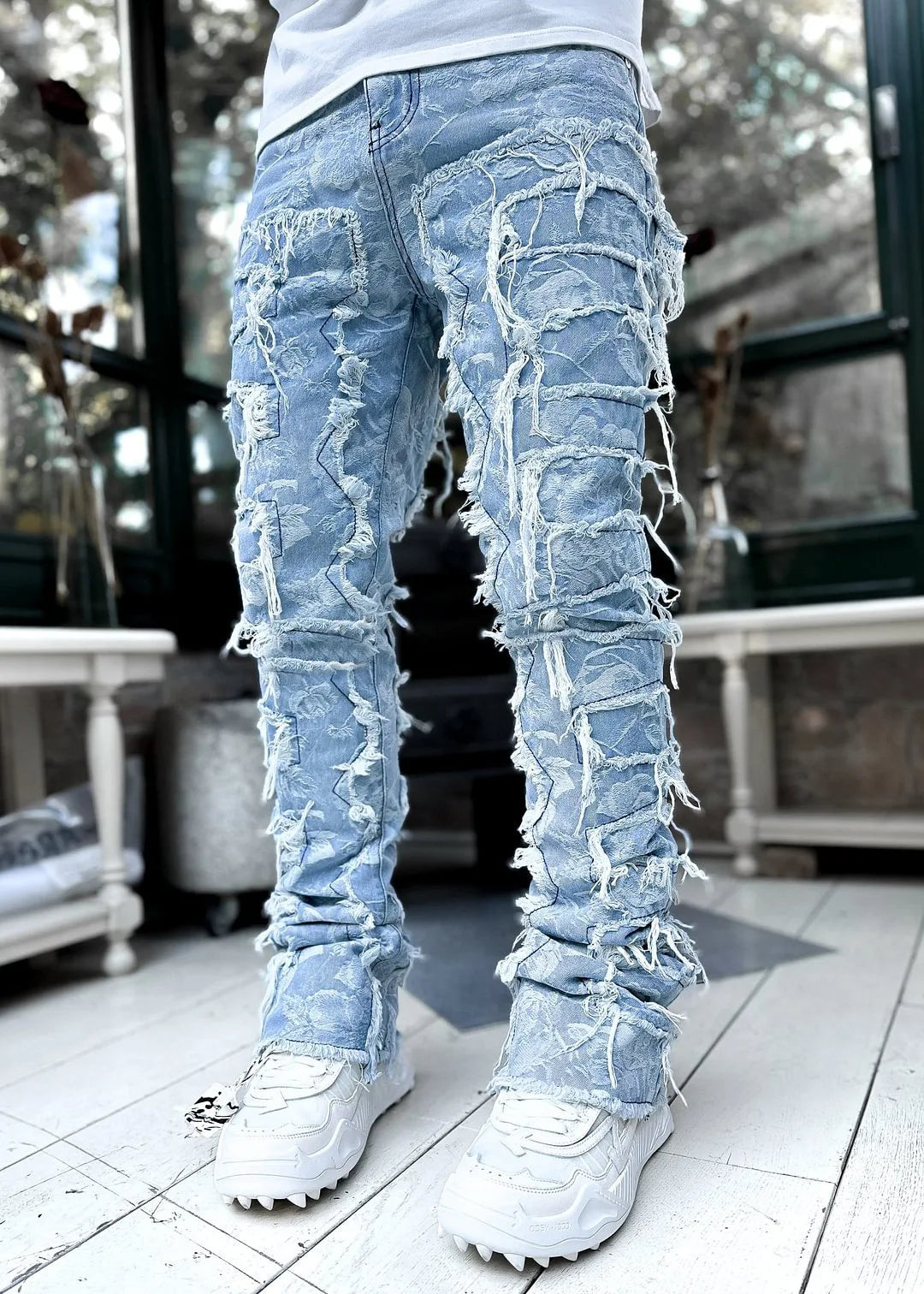 Jean Slim Stacked Homme Ripped Distressed Hip-Hop Streetwear 9 Coloris S-XXL