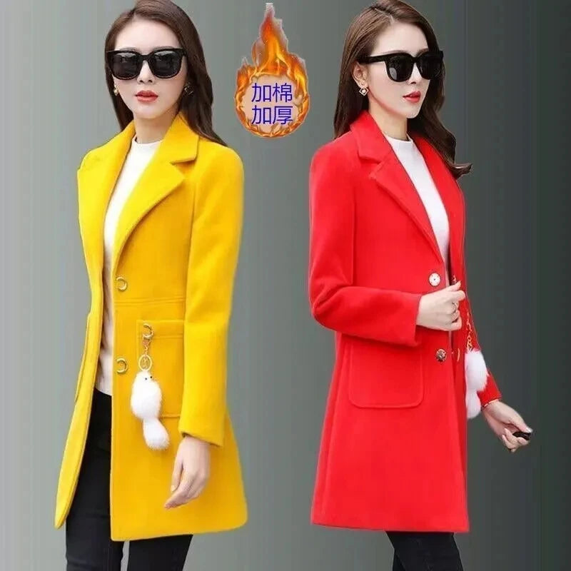 Manteau Long en Laine Femme – Col Tailleur, Coupe Ajustée, Style Automne-Hiver