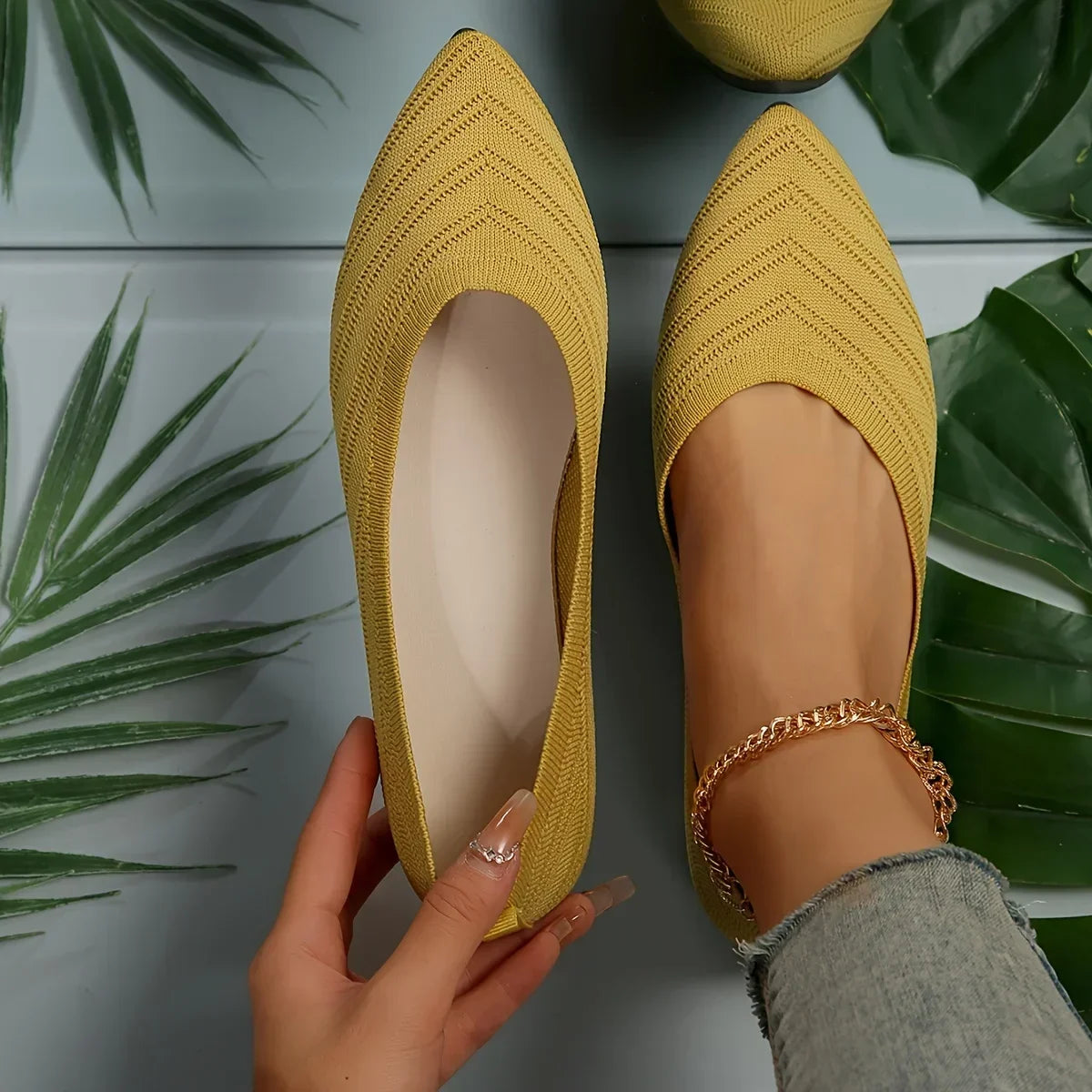 Flache Schuhe mit spitzer Zehe für Damen – Atmungsaktives Gestrick, Slip-On, lässiger Ballerina-Stil