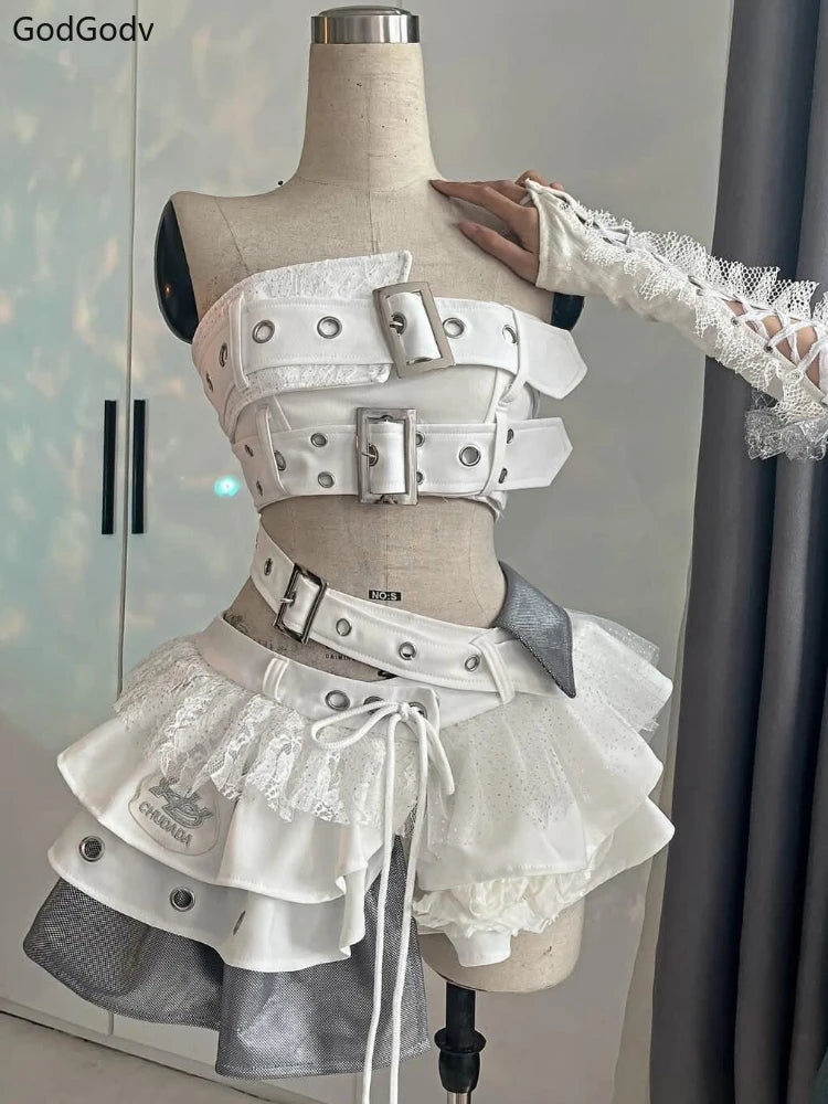 Ensemble 2 Pièces Femme Y2K Gothique – Top Bustier Sans Bretelles & Mini Jupe À Volants Taille Haute