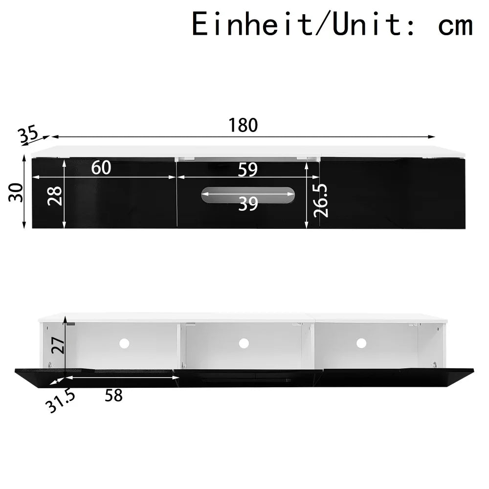 Meuble TV Haute Brillance 180x35x30 cm – LED 16 Couleurs USB | Mural ou Sol | Noir & Blanc | 60 kg