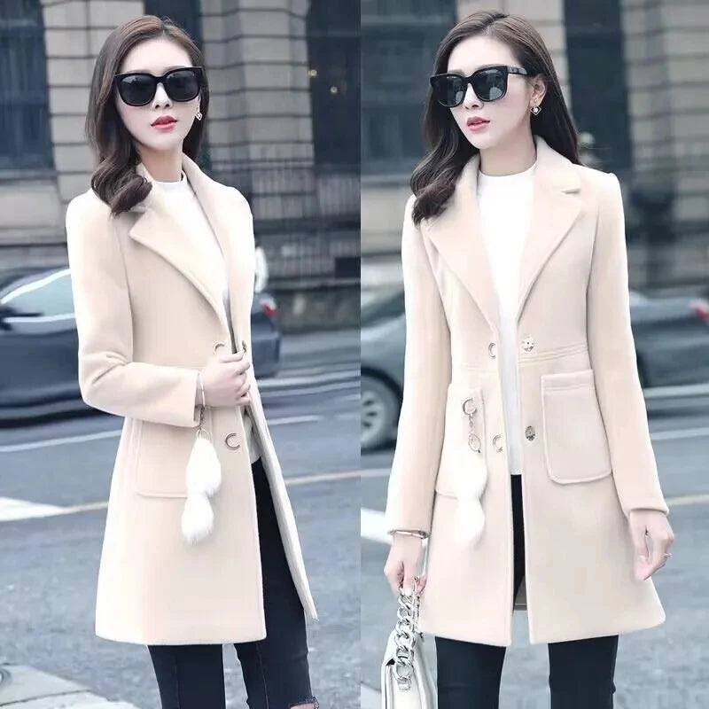 Manteau Long en Laine Femme – Col Tailleur, Coupe Ajustée, Style Automne-Hiver