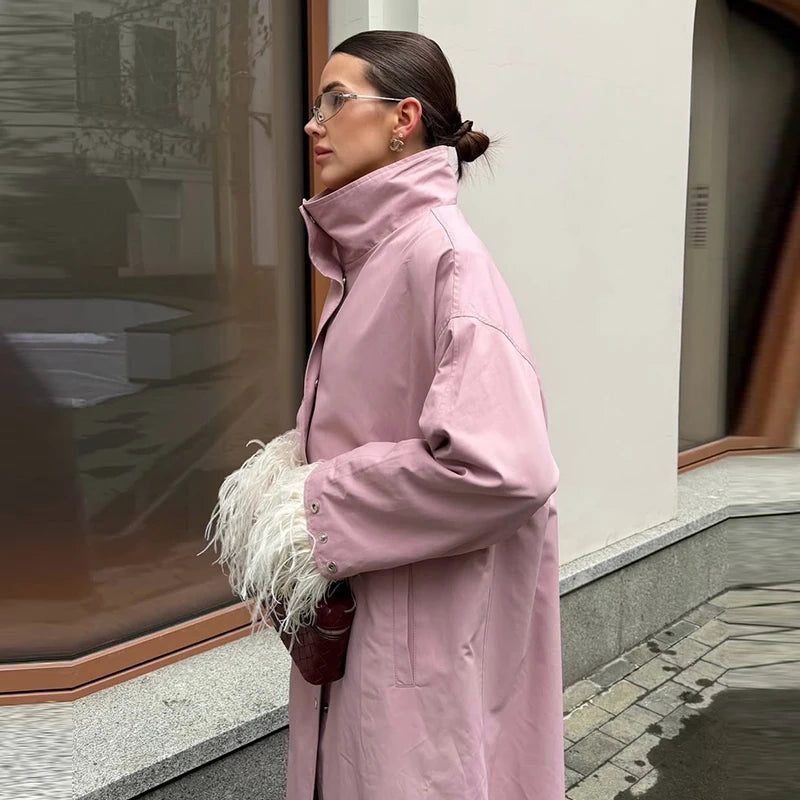 Button Front Women's Coat Stand Collar Long Trench Coat Solid Loose Trench Coat Daily Fashion Commuter Wear 2026 Collection